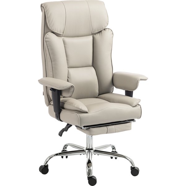 Homcom Chaise De Bureau Pivotante Inclinable 135° Similicuir, Repose-Pieds, Accoudoirs Et Hauteur RéGlables, Gris Clair-image
