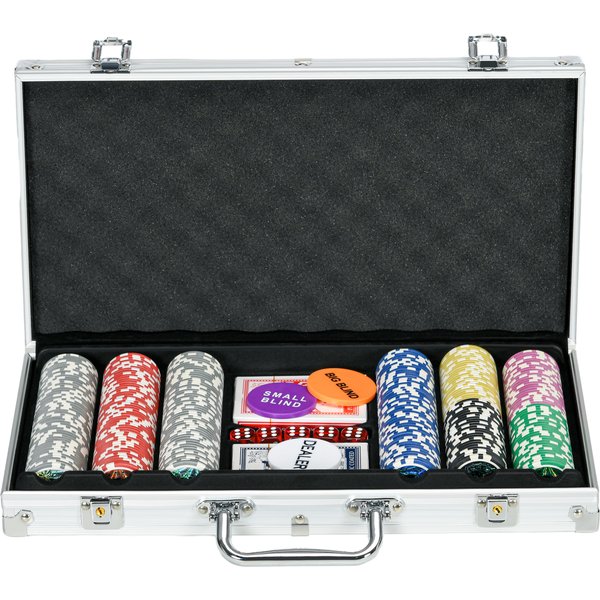Sportnow Mallette De Poker Coffret De Poker Complet, Verrouillable, Avec 300 Jetons 2 Jeux De Cartes 3 Boutons 1 Tapis En Feutre-image