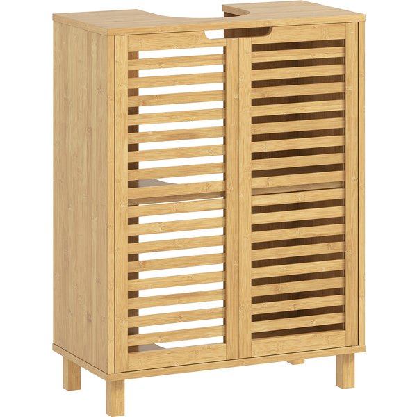Homcom Meuble Sous-Lavabo En Bambou Avec 2 Portes à Lames ÉTagèRe Ajustable Pour Lavabos Avec Ou Sans Colonne Naturel-image