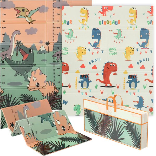 AIYAPLAY Dinosaur-Themed Baby Plat Mat Double Sided, Foldable, Water-Resistant for Outdoor/Indoor, 177 x 146 x 1.5cm