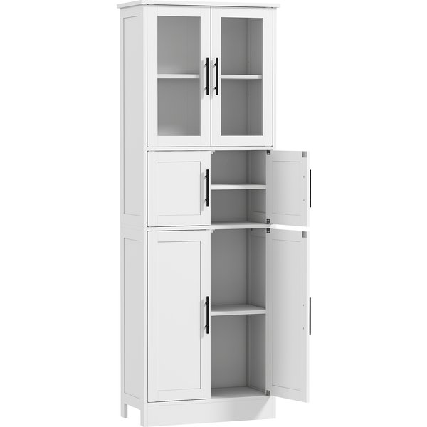 Homcom Meuble De Salle De Bain, Meuble De Rangement 6 Niveaux, 6 Portes Dont 2 VitréEs, éTagèRes RéGlables, 60X30X170Cm, Blanc-image