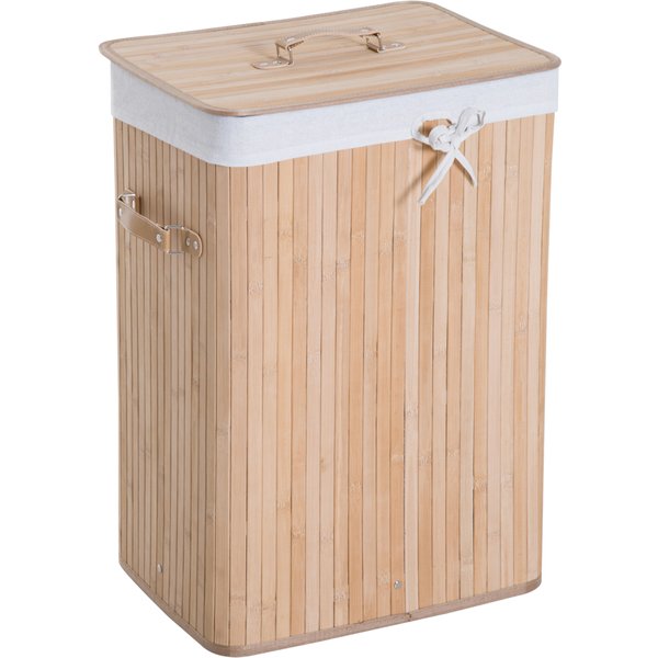 Homcom Panier à Linge Bac à Linge Bambou Pliable Couvercle Sac Amovible 3 PoignéEs Pu 40L X 30L X 60H Cm Beige-image