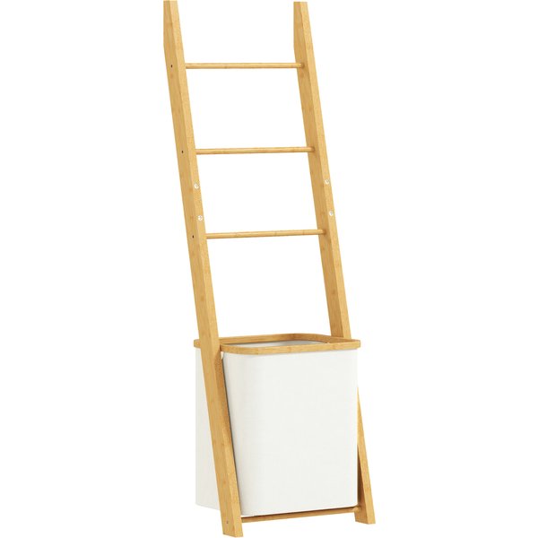 HOMCOM Badregal, 2-in-1 Badezimmerregal mit 3 Stangen, Standregal mit abnehmbarer 48L-Wäschekorb Aufbewahrungsregal aus Bambus für Wohnzimmer, Badezimmer, Cremeweiß, 43 x 35 x 133 cm Aosom