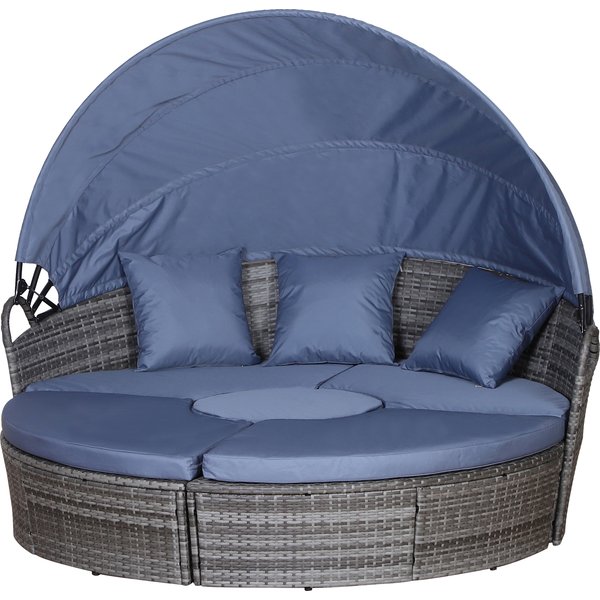 Outsunny 6-Seater Rattan Sofa Bed Garden Furniture Cushioned Wicker Round Sofa Bed with Coffee Table Patio Conversation Furniture Set - Grey