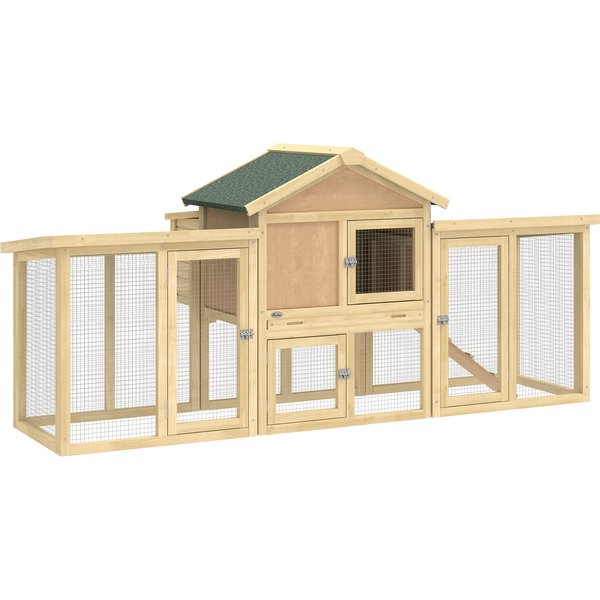 PawHut Hühnerstall Hühnerhaus aus Holz 204x85x93 cm, Freilaufgehege mit 2 Ebenen, Nistkasten, wasserdichtem Dach, Sitzstange, Auslauf, Rampe, Hühnergehege für Enten, Kaninchen, für Garten, Naturholz Aosom