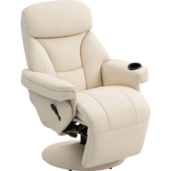 HOMCOM Manual Recliner Chair with Footrest, Upholstered Reclining Armchair with Adjustable Backrest and Cup Holder, PU Leather Swivel Chair for Living Room, Bedroom, Cream White | Aosom Ireland