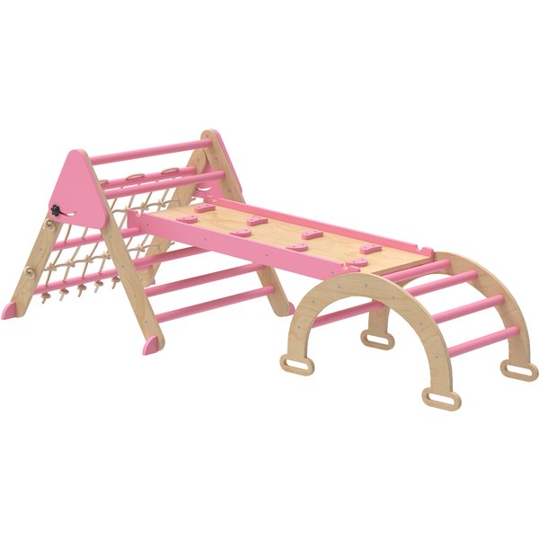 Aiyaplay Triangle D'escalade Enfants 8 En 1 Avec Rampe Double Face, Arc D'escalade En Bois Avec Toboggan & éChelle, Rose-image