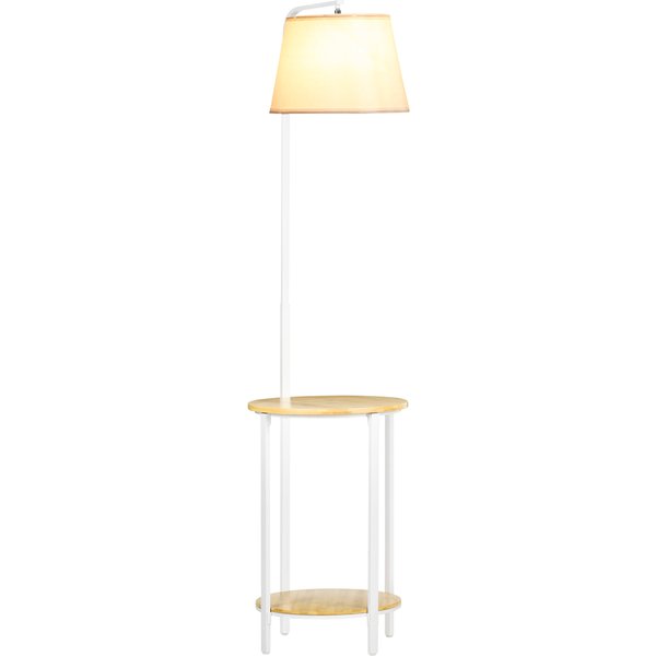 Homcom Lampe Sur Pied Lampadaire Salon Avec Abat-Jour En Tissu 2 éTagèRes Rondes En Bois Interrupteur Au Pied Hauteur 162 Cm Blanc-image