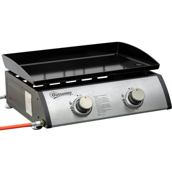 Outsunny Tischgrill Gasgrill BBQ mit 2 Brennern, Tischgasgrill mit Schlauch, Edelstahl & Metall, Antihaft-Grillplatte, ideal für Camping Aosom.de