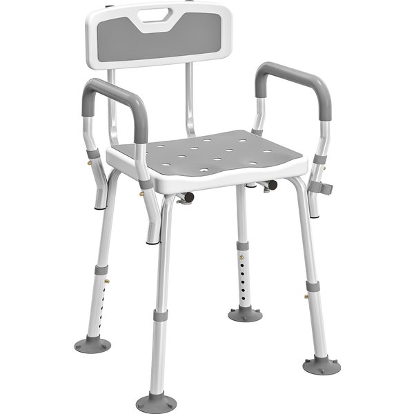 HOMCOM EVA Padded Shower Chair for the Elderly and Disabled, Height Adjustable Shower Stool with Back and Arms, 4 Suction Foot Pads, Light Grey