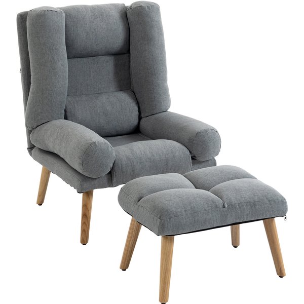 HOMCOM Recliner Chair with Footstool, Recliner Armchair with Adjustable Backrest, Thick Cushion and Wooden Legs, Grey | Aosom Ireland