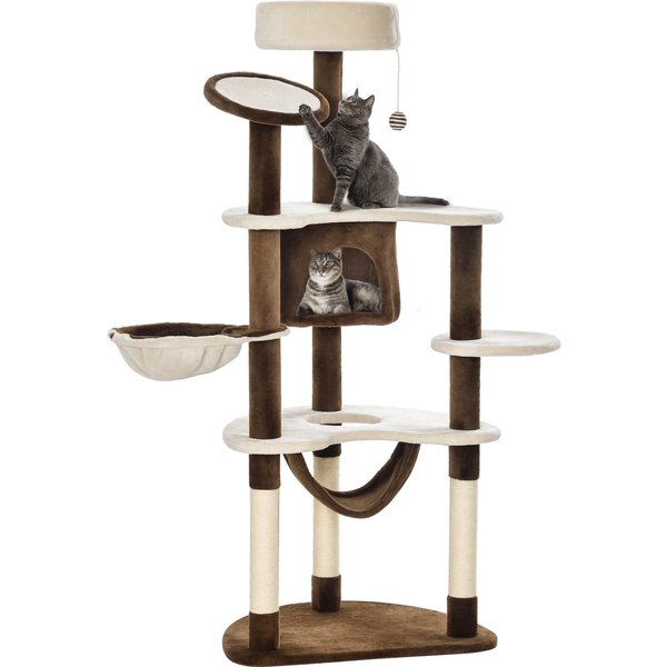 Pawhut Arbre à Chat Avec Plateformes, Griffoirs, Grattoir, Panier, Niche, Hamac65L X 50I X 153H Cm Beige Et Marron-image