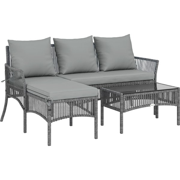 Outsunny 3 Piece Rattan Garden Furniture Corner Sofa Set with Chaise Lounge, Loveseat, Glass Coffee Table, Cushions, Dark Grey | Aosom Ireland
