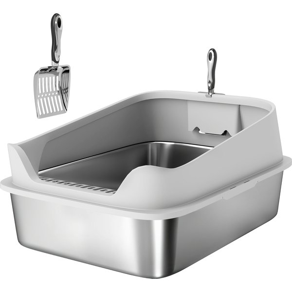 PawHut Katzentoilette Edelstahl Offene Katzenklo ohne Deckel Katzentoilette mit Schaufel hohem Rand XXL Cat Litter Box für große Katzen bis 12 kg 69,8 x 50,3 x 29,8 cm Grau Aosom