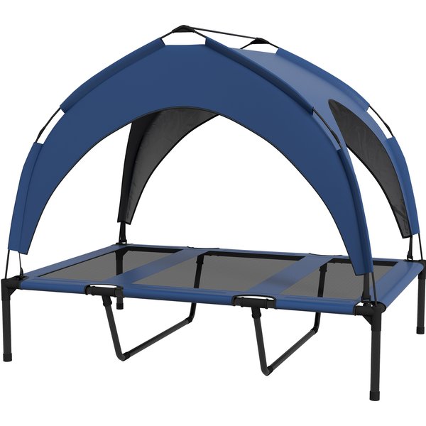 PawHut Hundebett Erhöhtes Outdoor-Haustierbett mit Baldachin, atmungsaktiv, ideal für große Hunde, Dunkelblau Oxford, 106x76x94cm Aosom
