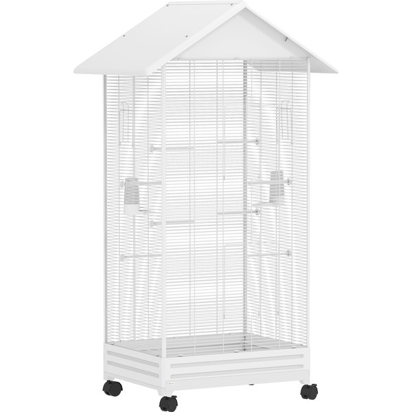 PawHut Cage Oiseau Sur Pied VolièRe Oiseaux IntéRieure Sur Roulettes 2 Mangeoires 8 Perchoirs 79 X 65 X 155 Cm Fil D'acier Blanc-image