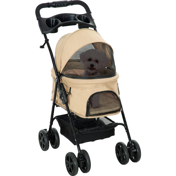PawHut Hundewagen Hundebuggy Klappfunktion Pet Stroller für kleine Hunde Katzen Haustierwagen Oxford Khaki 67x45x96cm Aosom.de