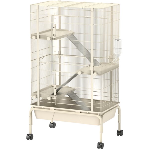 PawHut Kleintierkäfig, Nagerkäfig Frettchenkäfig mit 3 Rampen Mäusekäfig mit ausziehbarem Tablett, Futterschale, Wasserflasche, Käfig mit Zubehör für Chinchilla, Eichhörnchen, Zwerghamster Beige Aosom