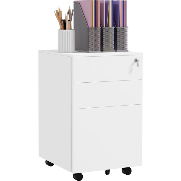 Vinsetto 3 Drawer Small Filing Cabinet w/ Lock & Pencil Tray, Steel Mobile File Cabinet w/ Adjustable Hanging Bar for Office Storage, White Aosom UK