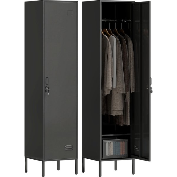 HOMCOM Stahl Spind Schrank Stahlschrank Abschließbar Schließfachschrank mit Kleiderstange, Namensschildhalter, Lüftungsschlitze und Ablage Aufbewahrungsschrank 40x40x179cm Schwarz Aosom
