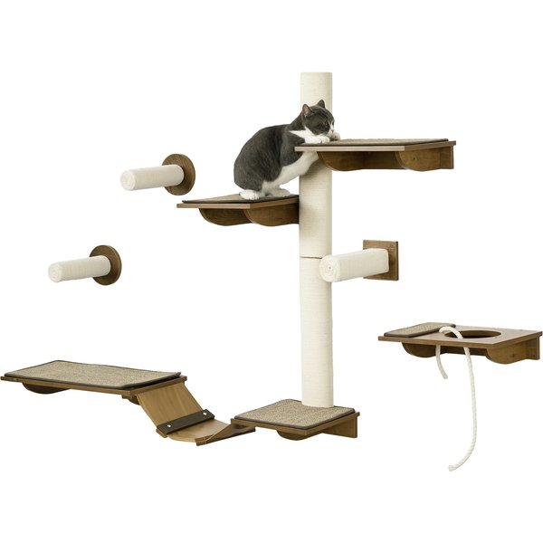 PawHut 8Pcs Wall Mounted Cat Tree with Scratching Posts, Perches, Ladder, for Sleeping, Playing, Lounging, Brown | Aosom Ireland