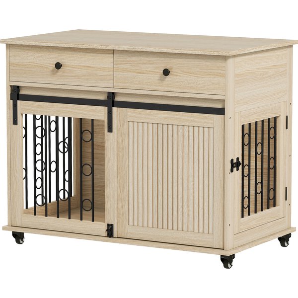 PawHut Dog Crate Furniture on Wheels, Dog Cage with 2 Drawers, Sliding Door, for Medium Large Dogs, Oak Tone | Aosom Ireland