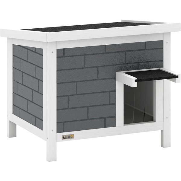 PawHut Katzenhaus Wetterfeste Katzenhütte aus Holz mit aufklappbarem Dach Aluminium-Isolierplatten Asphaltdach 61x51x53,5 cm Erhöhte Katzenhöhle für Katzen bis 5 kg für drinnen draußen Grau Aosom