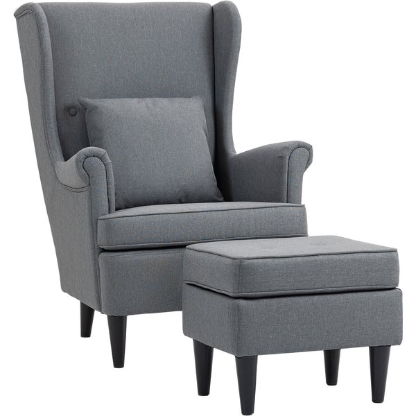 HOMCOM Ohrensessel mit Hocker Sessel mit Leinenoptik, Lendenkissen, Loungesessel Modern Relaxsessel mit Armlehne für Wohnzimmer Grau Aosom