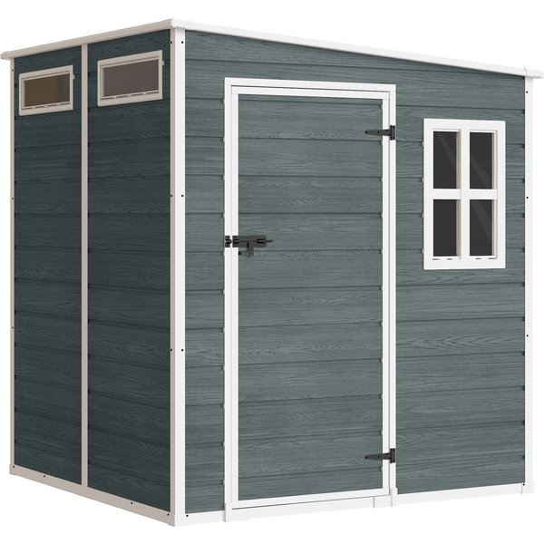 Outsunny Gerätehaus 2,89 m² Geräteschuppen mit Holzoptik 3 Fenster 182 x 182 x 196 cm Kunststoff Gartenschuppen mit Belüftung Boden Schloss Handschuhe, Gartenhaus für Werkzeuge Fahrrad Grau Aosom