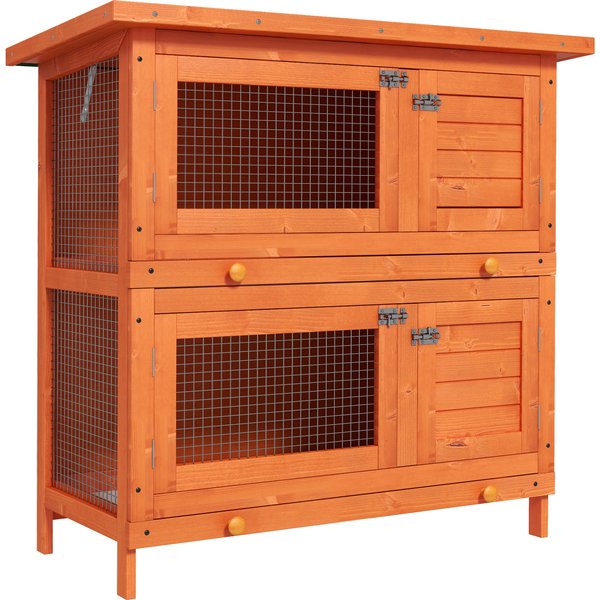 Pawhut Clapier Lapin Cage à Lapin Double Niveau Plateaux Coulissants 4 Portes Verrouillables Toit Ouvrant 90L X 45L X 90H Cm Aosom France-image