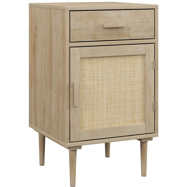 Homcom Table De Chevet Avec Placard Et éTagèRe Porte Rotin Tissé 1 Tiroir Design BohèMe - 40 X 40 X 68,5 Cm Naturel-image