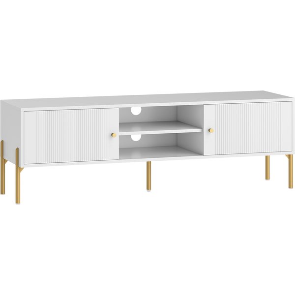 Homcom Meuble Tv, Meuble TéLé Jusqu'à 65 Pouces Avec 2 Portes, 2 Compartiments Ouverts, Pieds En Acier, 140X38X45,9Cm, Blanc-image