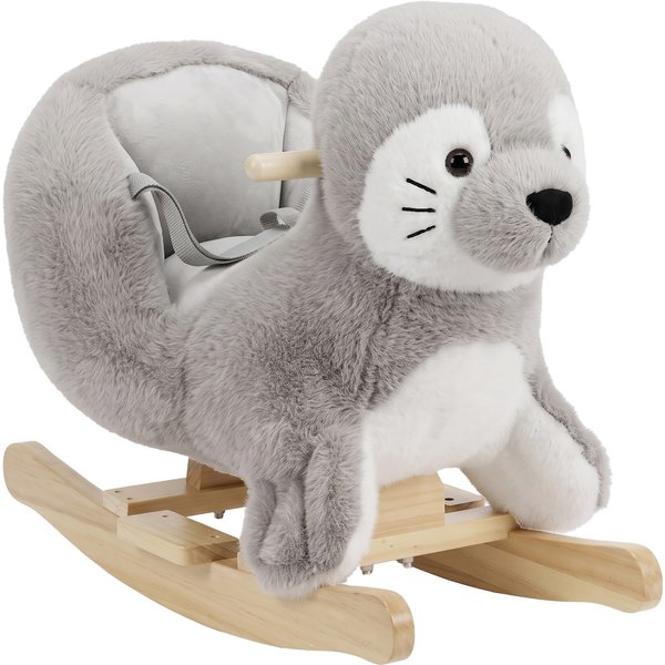 Aiyaplay Cheval à Bascule Pour Enfants, Phoque à Bascule En Peluche, Sons RéAlistes, Ceinture Et ButéEs Anti-Basculement, Gris-image