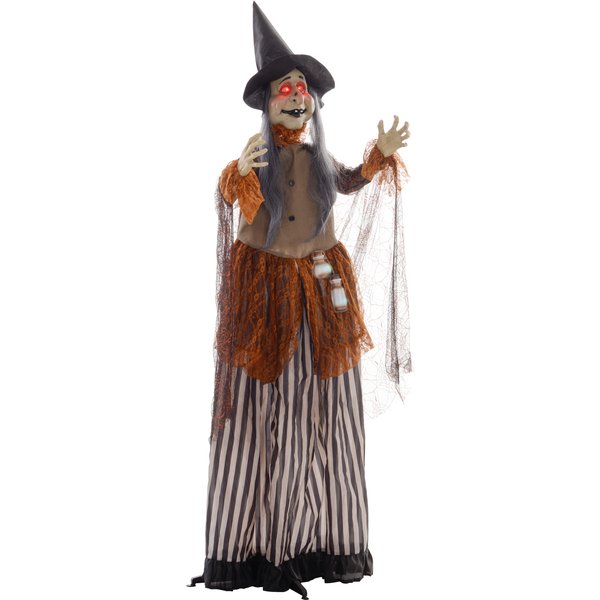 HOMCOM 183 cm Life Size Halloween Animated Standing Fat-Faced Witch with Red Light Up Eyes, Sound Activated Moving Arms & Head, Scary Witch Halloween Decorations, Battery Operated, Indoor Party Props | Aosom Ireland
