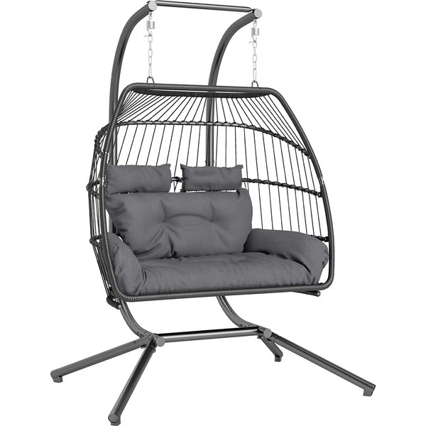 Outsunny Hängesessel mit Gestell faltbar Hängekorb mit Kissen Polyrattan Ergonomisch Hängeschaukel für 2 Personen Outdoor Hängestuhl belastbar bis 260kg Sessel für Balkon Terrasse Dunkelgrau Aosom