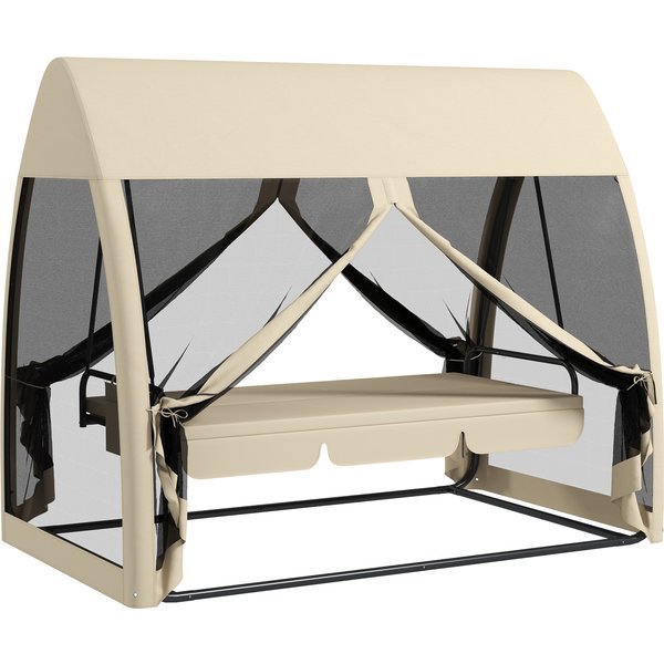 Outsuuny 2 in 1 Hollywoodschaukel mit Liegefunktion 3-Sitzer Gartenschaukel mit Baldachin, Mückennetz, Schaukelbank belast bis 300kg, Gartenliege für Garten, Terrasse, 240 x 140 x 197 cm, Kaffee Aosom
