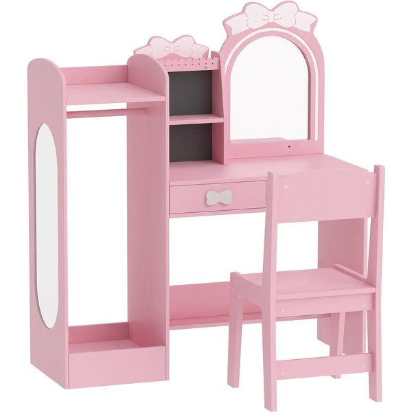 AIYAPLAY Kids Dressing Table, 3-in-1 Girls Vanity Set with Stool, 2-Colour Lights Mirror, Clothes Rack for Ages 3-8, Pink | Aosom Ireland