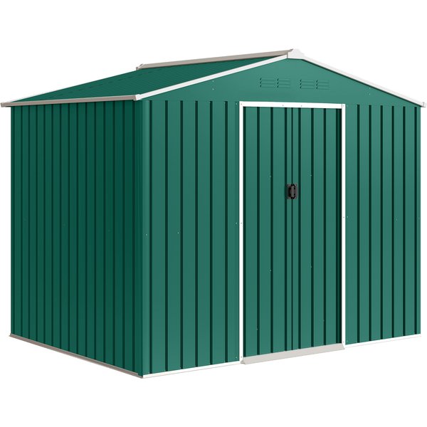 Outsunny 8 x 6ft Galvanised Steel Shed, with Double Door - Green