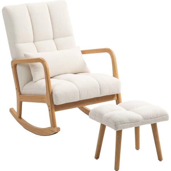 Homcom Fauteuil à Bascule Avec Repose-Pieds, Rocking Chair En Tissu Bouclette, Pieds En Bois, 64,5 X 82 X 89 Cm, Blanc-image