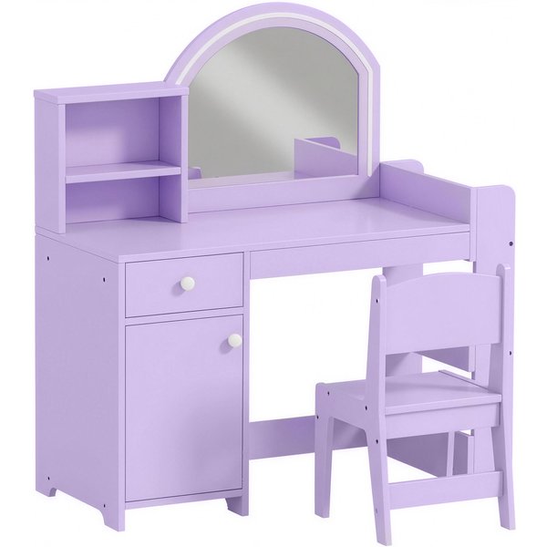 AIYAPLAY Kids Vanity Table and Chair Set, Girls Dressing Table with 2-Colour LED Mirror, Stool, Cabinet, Drawer, Shelves, Purple | Aosom Ireland