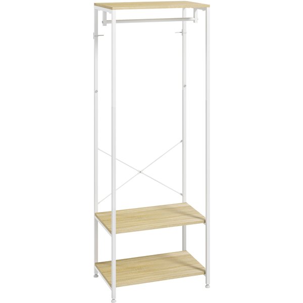 Homcom Porte-Manteaux Avec Tringle Et 2 éTagèRe à Chaussures 60L X 40L X 167,5H Cm Aspect Bois Clair MéTal Blanc-image