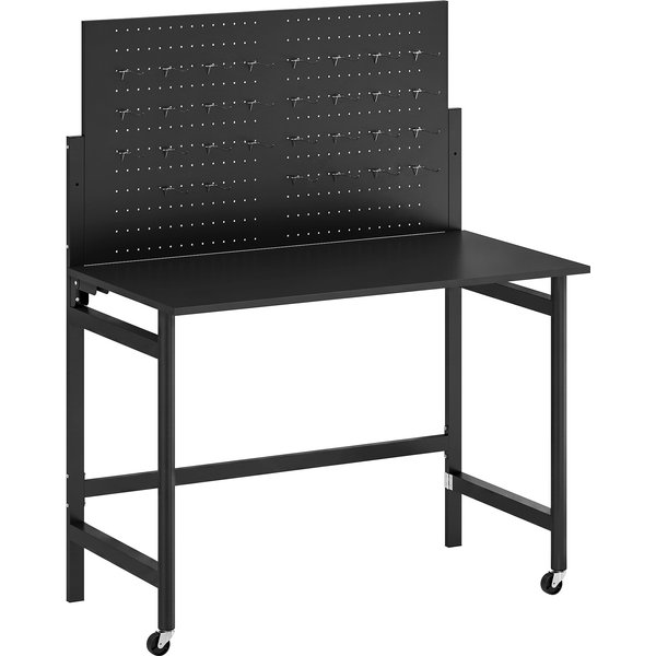 HOMCOM Werkbank mit Lochwand, 115 x 62 x 62 cm Klappbare Mobile Werkbank mit Rollen, Dicke Arbeitsplatte, Stahlrahmen, Haken, Werktisch für Garage, Holzwerkstatt, Schwarz Aosom