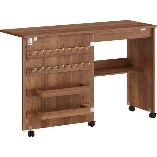 HOMCOM Folding Sewing Table, Rolling Craft Table with Storage compartments, Shelf and Lockable Casters for Small Spaces, Brown