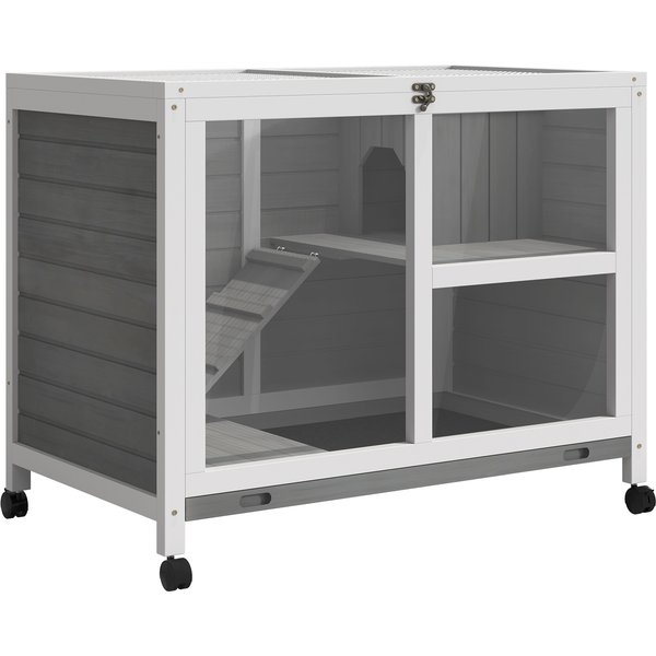 Pawhut Cage à Lapin Clapier Sur Roulettes Petit Enclos Aminaux En Bois Massif 2 éTages Toit Ouvrant Plates-Formes 91,5 X 53,3 X 73 Cm Gris-image