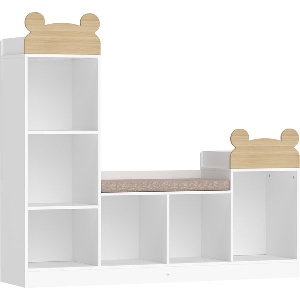 Aiyaplay BibliothèQue Enfant, Meuble Rangement Enfant 3 En 1 Avec Banc, 6 Compartiments, 2 ÉTagèRes, Coussin D'assise, Blanc-image