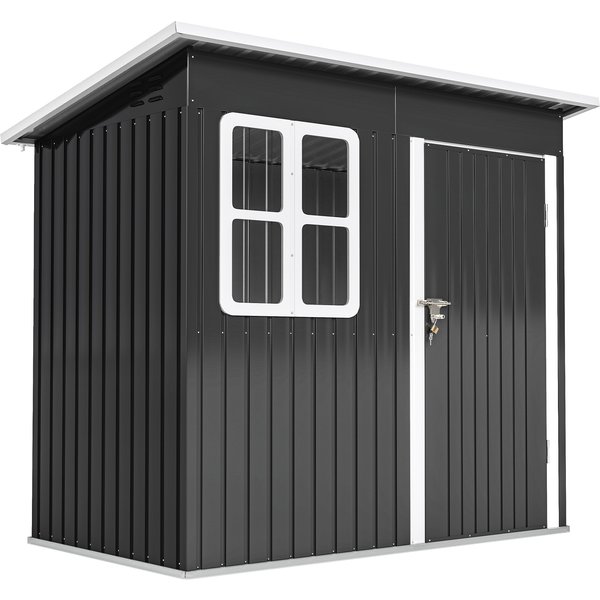 Outsunny Gerätehaus 2,55m², Gartenhaus mit Pultdach, 221 x 133 x 190/173 cm, Geräteschuppen mit Abschließbar Tür, Fenster, Fahrradgarage, Gartenschrank aus Stahl, für Hinterhof, Garten, Dunkelgrau Aosom