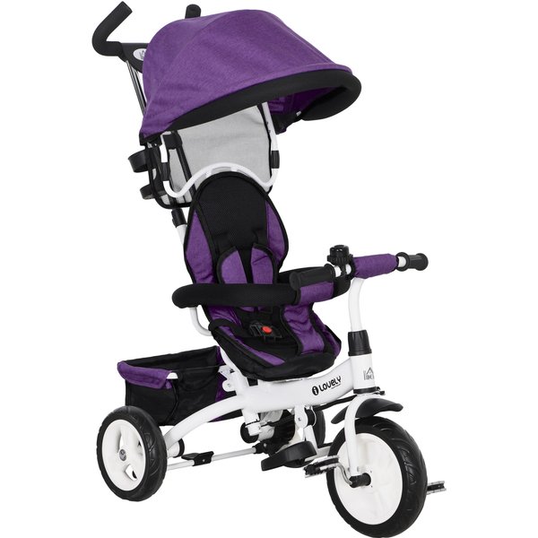 HOMCOM 4 in 1 Kids Trike Push Bike w/ Push Handle, Canopy, 5-point Safety Belt, Storage, Footrest, Brake, for 1-5 Years, Purple Aosom UK