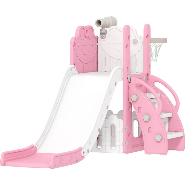 AIYAPLAY Kinderrutsche 5 in 1 Indoor und Outdoor Babyrutsche mit Basketballkorb, Klettergerüst, Spielteleskope, Stauraum, Frosch-Motiv Spielplatz für Kleinkinder 1-3 Jahre, Rosa Aosom