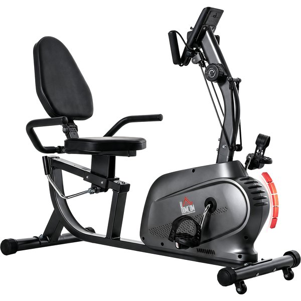 Homcom VéLo D'appartement Semi-Allongé MagnéTique éCran Lcd Multifonction Selle RéGlable 2 Bandes RéSistance Acier Noir-image
