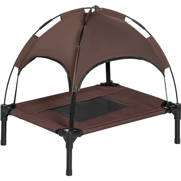 PawHut Haustierbett Outdoor mit Baldachin Erhöhtes Hundebett, Atmungsaktiver Taftstoff, Kaffee, 61x46x62cm Aosom